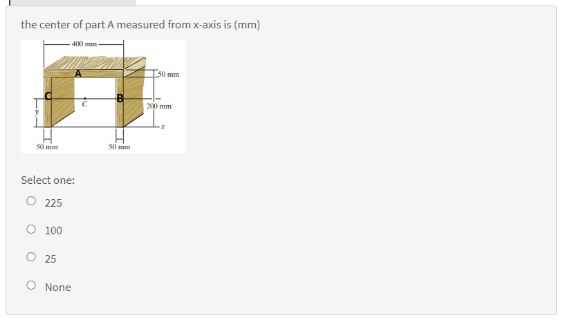 the center of part A measured from x-axis is (mm)
- 400 mm-
50 mm
200 mm
50 mm
50 mm
Select one:
О 225
O 100
О 25
O None
