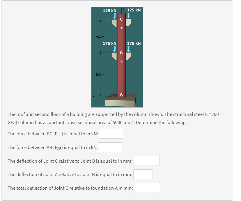 125 kN
125 kN
(1)
4.2 m
175 kN
175 kN
5.0 m
A
The roof and second floor of a building are supported by the column shown. The structural steel (E=200
GPa) column has a constant cross-sectional area of 5000 mm?. Determine the following:
The force between BC (FBc) is equal to in kN:
The force between AB (FAB) is equal to in kN:
The deflection of Joint C relative to Joint B is equal to in mm:
The deflection of Joint A relative to Joint B is equal to in mm:
The total deflection of Joint C relative to foundation A in mm:
B.
