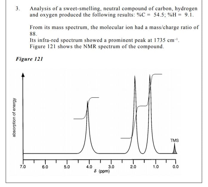 Analysis of a sweet-smelling, neutral compound of carbon, hydrogen
and oxygen produced the following results: %C = 54.5; %H = 9.1.
From its mass spectrum, the molecular ion had a mass/charge ratio of
88.
Its infra-red spectrum showed a prominent peak at 1735 cm-!.
Figure 121 shows the NMR spectrum of the compound.
Figure 121
TMS
7.0
3.0
4.0
8 (ppm)
6.0
5.0
2.0
1.0
0.0
3.
absorption of energy

