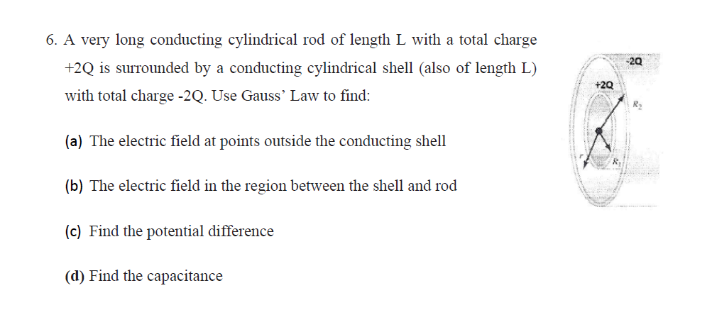 6. A very long conducting cylindrical rod of length L with a total charge
-20
+2Q is surrounded by a conducting cylindrical shell (also of length L)
+2Q
with total charge -2Q. Use Gauss’ Law to find:
R2
(a) The electric field at points outside the conducting shell
(b) The electric field in the region between the shell and rod
(c) Find the potential difference
(d) Find the capacitance
