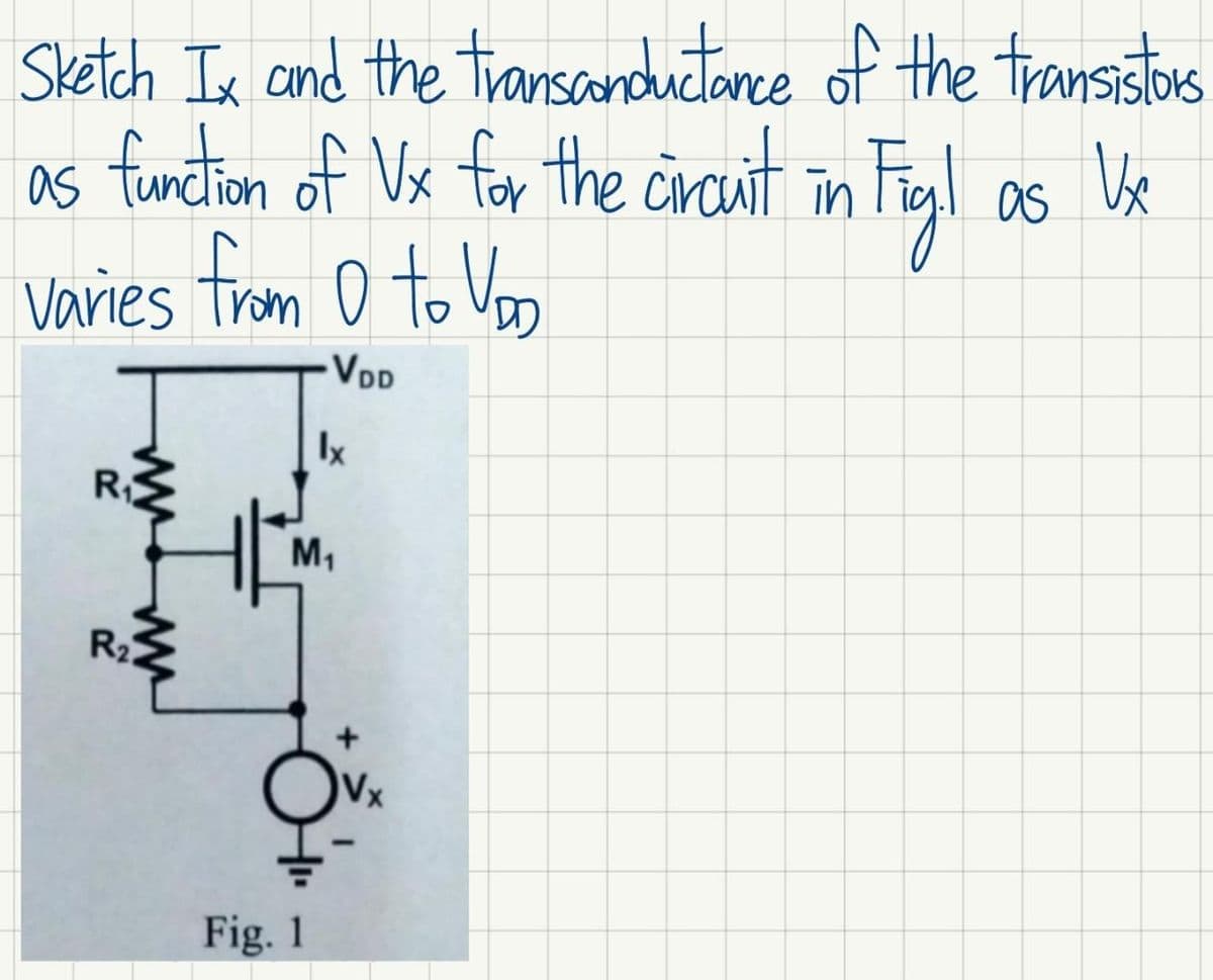 Sketch Ix and the
function of Vx for the circuit
as
varies from 0 to VDO
VDD
R₁
R₂
transconductance of the transistors
in Fig!
lx
M₁
Fig. 1
as Vx