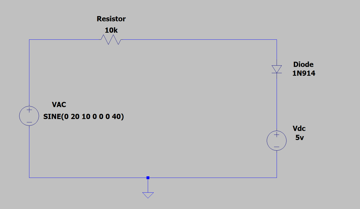 Resistor
10k
Diode
1N914
VAC
SINE(0 20 10 0 00 40)
Vdc
5v
