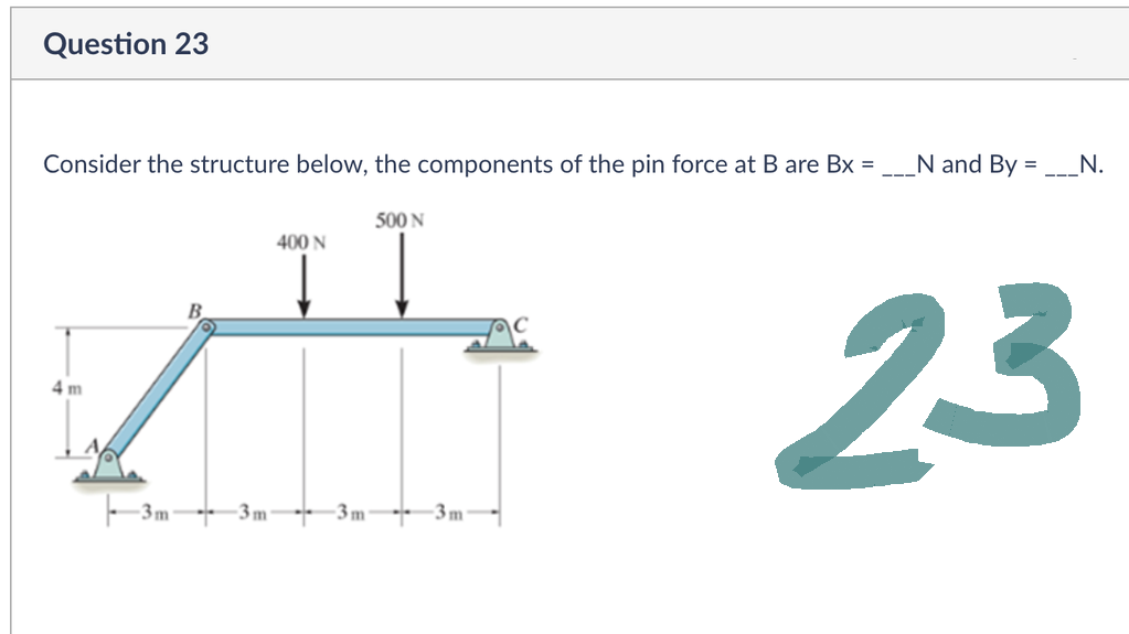 Question 23
Consider the structure below, the components of the pin force at B are Bx =
500 N
400 N
4m
-3m
3m-
3m
3m
N and By
N.
23
=