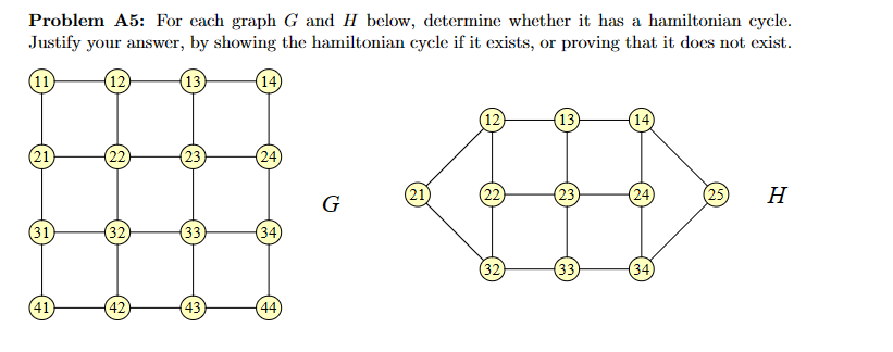 Problem A5: For each graph G and H below, determine whether it has a hamiltonian cycle.
Justify your answer, by showing the hamiltonian cycle if it exists, or proving that it does not exist.
(11)
(12)
(13)
(14)
(21)
(31)
41
(22)
(32)
(42)
23
(33)
43
(24)
(34)
(44
G
(21
(12)
(22)
(32)
(13)
23
(33)
(14)
(24
(34)
(25)
H