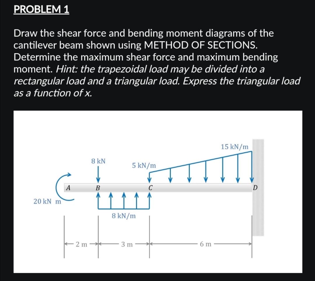 PROBLEM 1
Draw the shear force and bending moment diagrams of the
cantilever beam shown using METHOD OF SECTIONS.
Determine the maximum shear force and maximum bending
moment. Hint: the trapezoidal load may be divided into a
rectangular load and a triangular load. Express the triangular load
as a function of x.
20 kN m
A
8 kN
B
8 kN/m
Ef
2 m
5 kN/m
Jam
3 m-
15 kN/m
6 m
D