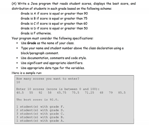 (A) Write a Java program that reads student scores, displays the best score, and
distribution of students in each grade based on the following scheme:
Grade is A if score is equal or greater than 90
Grade is B if score is equal or greater than 75
Grade is Cif score is equal or greater than 60
Grade is D if score is equal or greater than 50
Grade is F otherwise.
Your program must consider the following specifications:
• Use Grade as the name of your class.
• Type your name and student number above the class declaration using a
block/paragraph comment.
• Use documentation, comments and code style.
• Use significant and appropriate identifiers.
• Use appropriate data type for the variables.
Here is a sample run:
How many scores you want to enter?
10
Enter 10 scores (score is between 0 and 100):
65.75
40.5 55 92 58
75.5
71.25
68
79
85.5
The boot ocore ie 92.0.
1 student (s) with grade F.
2 student (s) with grade D.
3 student (s) with grade C.
3 student (s) with grade B.
1 student (s) with grade A.
