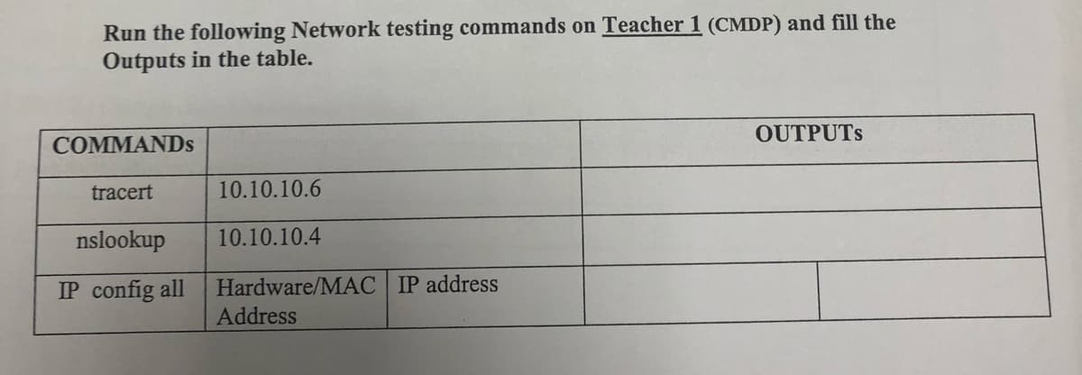Run the following Network testing commands on Teacher 1 (CMDP) and fill the
Outputs in the table.
OUTPUTS
COMMANDS
tracert
10.10.10.6
nslookup
10.10.10.4
IP config all
Hardware/MAC
IP address
Address
