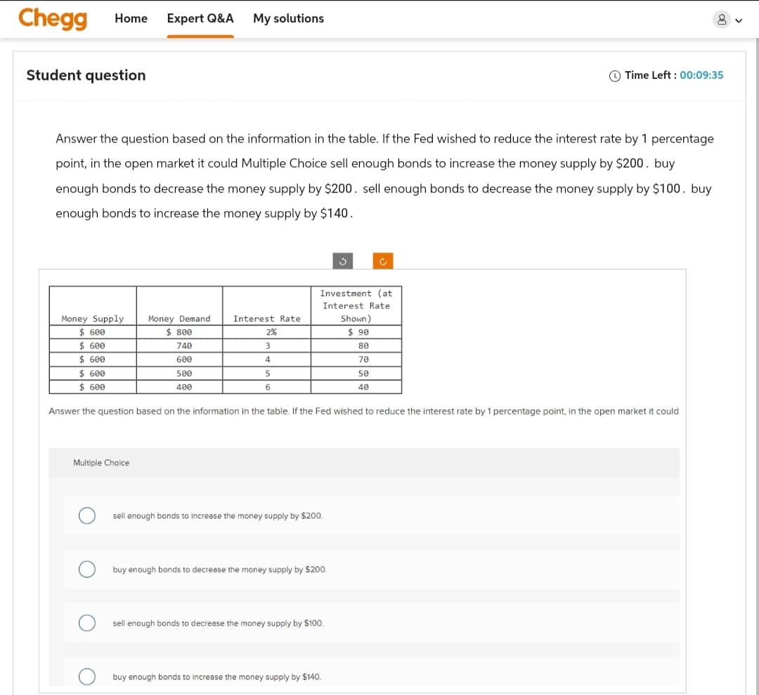 Chegg
Home
Expert Q&A
My solutions
Student question
8
Time Left: 00:09:35
Answer the question based on the information in the table. If the Fed wished to reduce the interest rate by 1 percentage
point, in the open market it could Multiple Choice sell enough bonds to increase the money supply by $200. buy
enough bonds to decrease the money supply by $200. sell enough bonds to decrease the money supply by $100. buy
enough bonds to increase the money supply by $140.
Money Supply
Money Demand
Interest Rate
$ 600
$ 800
2%
$ 600
740
3
$ 600
600
4
$ 600
500
5
$ 600
400
6
Investment (at
Interest Rate
Shown)
$ 90
80
70
50
40
Answer the question based on the information in the table. If the Fed wished to reduce the interest rate by 1 percentage point, in the open market it could
Multiple Choice
sell enough bonds to increase the money supply by $200.
buy enough bonds to decrease the money supply by $200.
sell enough bonds to decrease the money supply by $100.
buy enough bonds to increase the money supply by $140.