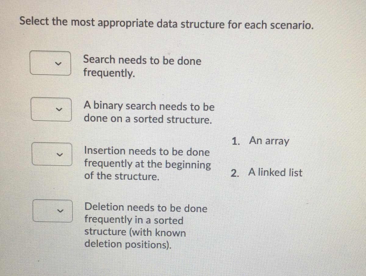 Select the most appropriate data structure for each scenario.
Search needs to be done
frequently.
A binary search needs to be
done on a sorted structure.
1. An array
Insertion needs to be done
frequently at the beginning
of the structure.
2. A linked list
Deletion needs to be done
frequently in a sorted
structure (with known
deletion positions).
