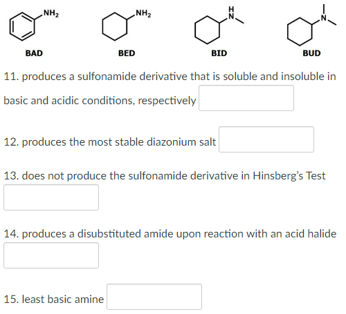 NH₂
NH₂
BAD
BED
BID
BUD
11. produces a sulfonamide derivative that is soluble and insoluble in
basic and acidic conditions, respectively
12. produces the most stable diazonium salt
13. does not produce the sulfonamide derivative in Hinsberg's Test
14. produces a disubstituted amide upon reaction with an acid halide
15. least basic amine