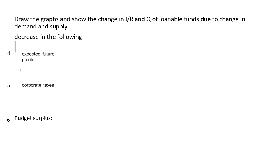 4
5
Draw the graphs and show the change in I/R and Q of loanable funds due to change in
demand and supply.
decrease in the following:
expected future
profits
corporate taxes
6 Budget surplus: