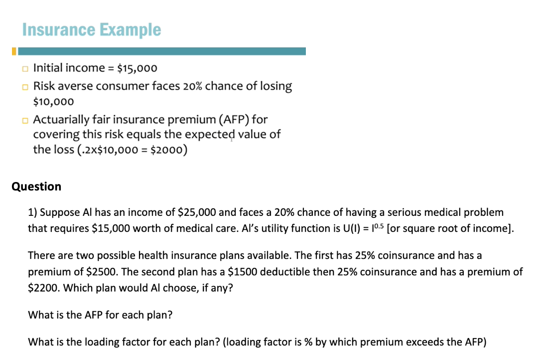 Insurance Example
o Initial income = $15,000
o Risk averse consumer faces 20% chance of losing
$10,000
o Actuarially fair insurance premium (AFP) for
covering this risk equals the expected value of
the loss (.2x$10,000 = $2000)
%3D
Question
1) Suppose Al has an income of $25,000 and faces a 20% chance of having a serious medical problem
that requires $15,000 worth of medical care. Al's utility function is U(I) = 10.5 [or square root of income].
There are two possible health insurance plans available. The first has 25% coinsurance and has a
premium of $2500. The second plan has a $1500 deductible then 25% coinsurance and has a premium of
$2200. Which plan would Al choose, if any?
What is the AFP for each plan?
What is the loading factor for each plan? (loading factor is % by which premium exceeds the AFP)
