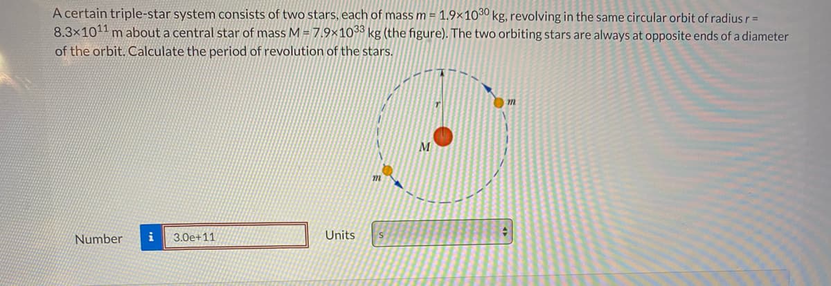 A certain triple-star system consists of two stars, each of mass m = 1.9×1030 kg, revolving in the same circular orbit of radius r=
8.3x1011 m about a central star of mass M = 7.9×103 kg (the figure). The two orbiting stars are always at opposite ends of a diameter
of the orbit. Calculate the period of revolution of the stars.
Number
i
3.0e+11
Units
