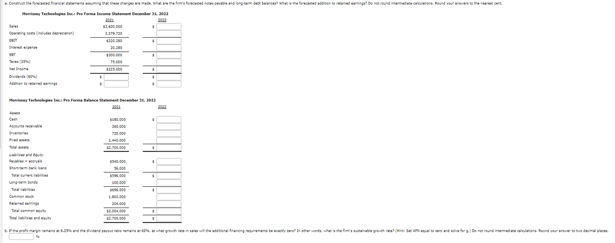 a. Construct the forecasted financial statements assuming that these changes are made. What are the firm's forecasted notes payable and long-term debt balances? What is the forecasted addition to retained earnings? Do not round intermediate calculations. Round your answers to the nearest cent.
Morrissey Technologies Inc.: Pro Forma Income Statement December 31, 2022
2022
2021
$3,600,000
3,279,720
$320,280
20,280
$300,000
75,000
$225,000
Sales
Operating costs (includes depreciation)
EBIT
Interest expense
EBT
Taxes (25%)
Net Income
Dividends (60%)
Addition to retained earnings
Assets
Cash
Accounts receivable
Inventories
Fixed assets
Total assets
$
$
Liabilities and Equity
Payables + accruals
Short-term bank loans
Total current liabilities
Long-term bonds
Total liabilities
Common stock
Retained earnings
Total common equity
Total liabilities and equity
Morrissey Technologies Inc.: Pro Forma Balance Statement December 31, 2022
2021
$180,000
360,000
720,000
1,440,000
$2,700,000
$540,000
56,000
$596,000
100,000
$
$696,000
1,800,000
204,000
$2,004,000
$2,700,000
$
$
$
$
$
$
$
$
$
$
$
$
2022
b. If the profit margin remains at 6.25% and the dividend payout ratio remains at 60%, at what growth rate in sales will the additional financing requirements be exactly zero? In other words, what is the firm's sustainable growth rate? (Hint: Set AFN equal to zero and solve for g.) Do not round intermediate calculations. Round your answer to two decimal places.
%6