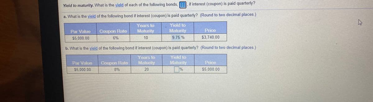 Yield to maturity. What is the yield of each of the following bonds,
if interest (coupon) is paid quarterly?
a. What is the yield of the following bond if interest (coupon) is paid quarterly? (Round to two decimal places.)
Years to
Maturity
Par Value
Coupon Rate
Maturity
Price
$5,000.00
6%
10
9.75 %
$3,740.00
b. What is the yield of the following bond if interest (coupon) is paid quarterly? (Round to two decimal places.)
Yiold to
Maturity
Yoars to
Par Valuo
Coupon Rate
Maturity
Price
$5,000 00
8%
20
$5,000.00
