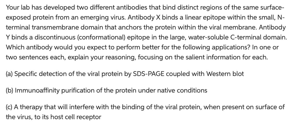 Your lab has developed two different antibodies that bind distinct regions of the same surface-
exposed protein from an emerging virus. Antibody X binds a linear epitope within the small, N-
terminal transmembrane domain that anchors the protein within the viral membrane. Antibody
Y binds a discontinuous (conformational) epitope in the large, water-soluble C-terminal domain.
Which antibody would you expect to perform better for the following applications? In one or
two sentences each, explain your reasoning, focusing on the salient information for each.
(a) Specific detection of the viral protein by SDS-PAGE coupled with Western blot
(b) Immunoaffinity purification of the protein under native conditions
(c) A therapy that will interfere with the binding of the viral protein, when present on surface of
the virus, to its host cell receptor