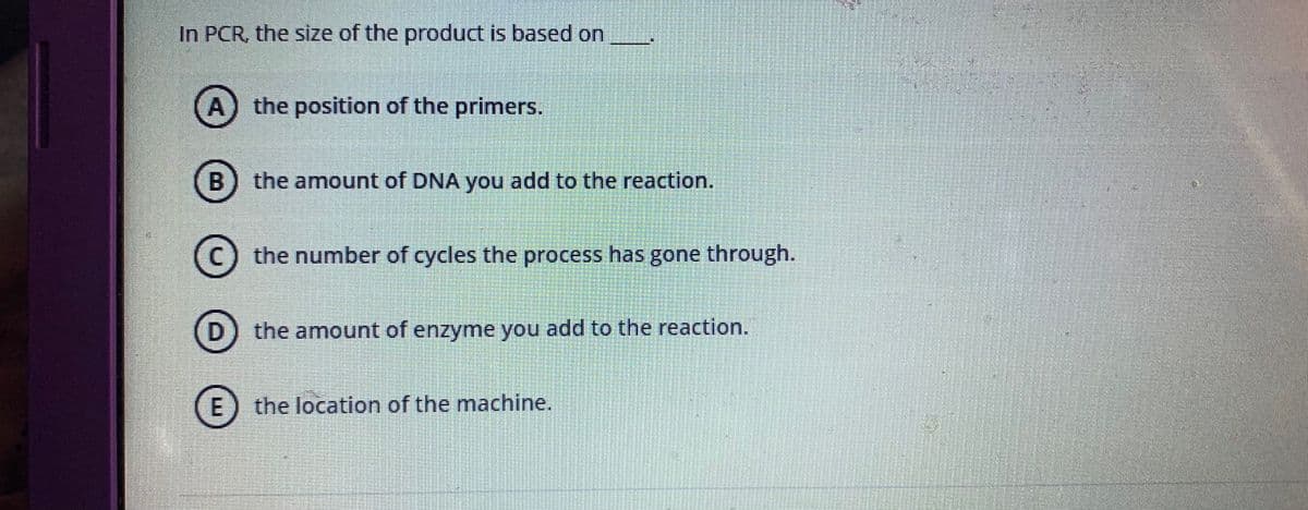 In PCR, the size of the product is based on
A) the position of the primers.
B) the amount of DNA you add to the reaction.
(c) the number of cycles the process has gone through.
D) the amount of enzyme you add to the reaction.
the location of the machine.
