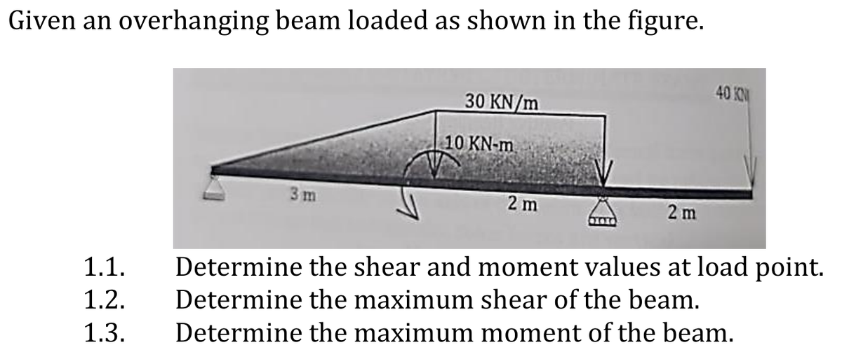 Given an overhanging beam loaded as shown in the figure.
40 KN
30 KN/m
10 KN-m
3m
2 m
2m
1.1.
Determine the shear and moment values at load point.
Determine the maximum shear of the beam.
1.2.
1.3.
Determine the maximum moment of the beam.