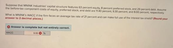 Suppose that MNINK Industries' capital structure features 63 percent equity, 8 percent preferred stock, and 29 percent debt. Assume
the before-tax component costs of equity, preferred stock, and debt are 11.40 percent, 9.30 percent, and 8.00 percent, respectively.
What is MNINK's WACC if the firm faces an average tax rate of 21 percent and can make full use of the interest tax shield? (Round your
answer to 2 decimal places.)
Answer is complete but not entirely correct.
WACC
9.50