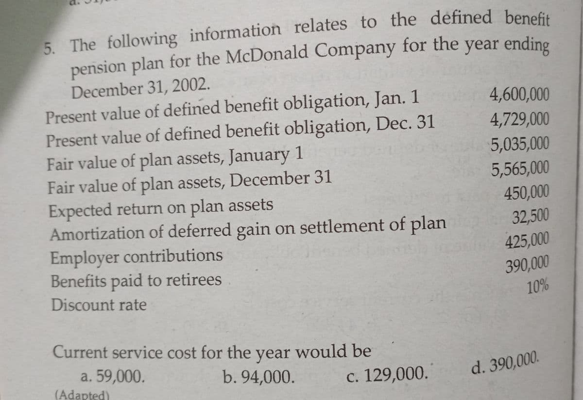 5. The following information relates to the defined benefit
pension plan for the McDonald Company for the year endine
December 31, 2002.
Present value of defined benefit obligation, Jan. 1
Present value of defined benefit obligation, Dec. 31
Fair value of plan assets, January 1
Fair value of plan assets, December 31
Expected return on plan assets
Amortization of deferred gain on settlement of plan
Employer contributions
Benefits paid to retirees
4,600,000
4,729,000
5,035,000
5,565,000
450,000
32,500
425,000
390,000
Discount rate
10%
Current service cost for the year would be
a. 59,000.
(Adapted)
b. 94,000.
c. 129,000.
d. 390,000.
