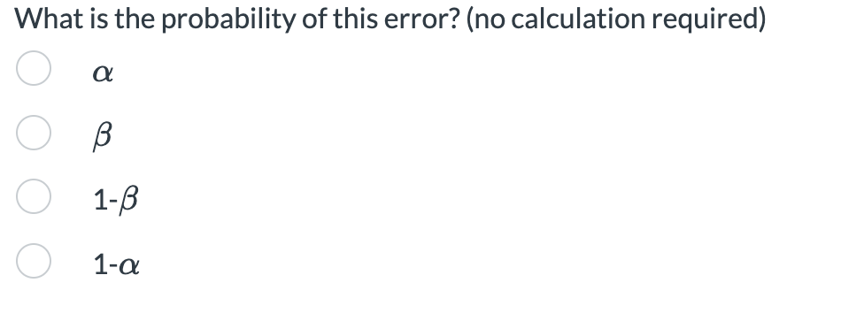 What is the probability of this error? (no calculation required)
α
В
1-ß
1-α