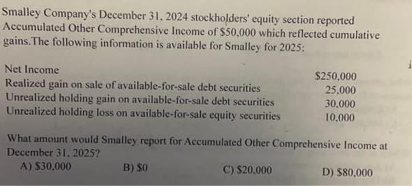Smalley Company's December 31, 2024 stockholders' equity section reported
Accumulated Other Comprehensive Income of $50,000 which reflected cumulative
gains. The following information is available for Smalley for 2025:
Net Income
Realized gain on sale of available-for-sale debt securities
Unrealized holding gain on available-for-sale debt securities
Unrealized holding loss on available-for-sale equity securities
$250,000
25,000
30,000
10,000
What amount would Smalley report for Accumulated Other Comprehensive Income at
December 31, 2025?
A) $30,000
B) $0
D) $80,000
C) $20,000