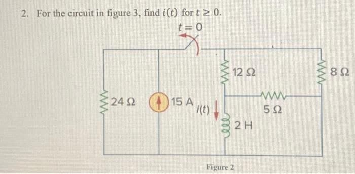 2. For the circuit in figure 3, find i(t) for t = 0.
t=0
ΑΛΛΑ
24Ω (0) 15 A
i(t)
www
12 Ω
Figure 2
2Η
5Ω
8Ω