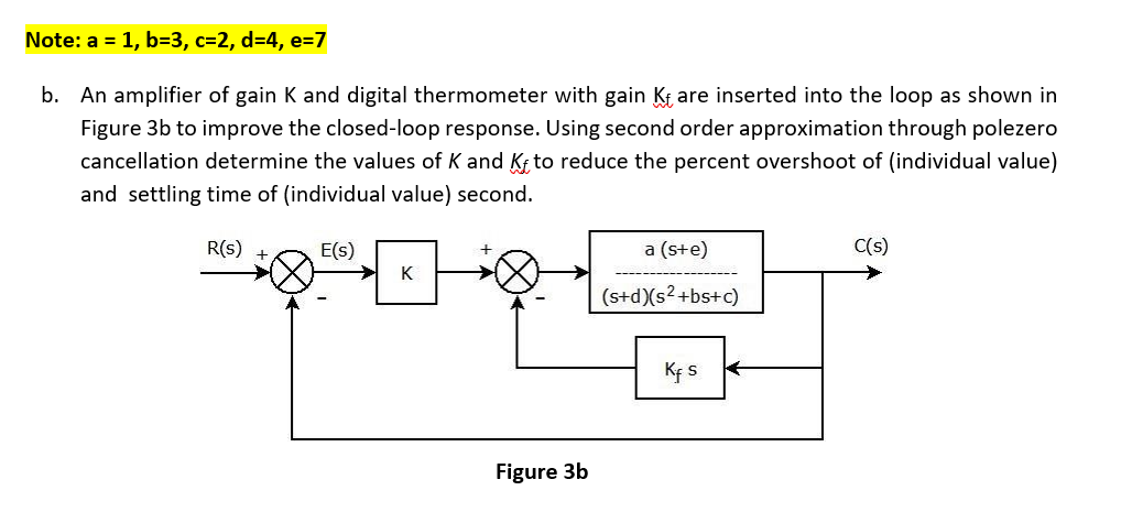 Note: a = 1, b=3, c=2, d=4, e=7
b. An amplifier of gain K and digital thermometer with gain Kf are inserted into the loop as shown in
Figure 3b to improve the closed-loop response. Using second order approximation through polezero
cancellation determine the values of K and K; to reduce the percent overshoot of (individual value)
and settling time of (individual value) second.
R(s)
E(s)
a (ste)
C(s)
K
(s+d)(s?+bs+c)
Kf s
Figure 3b
