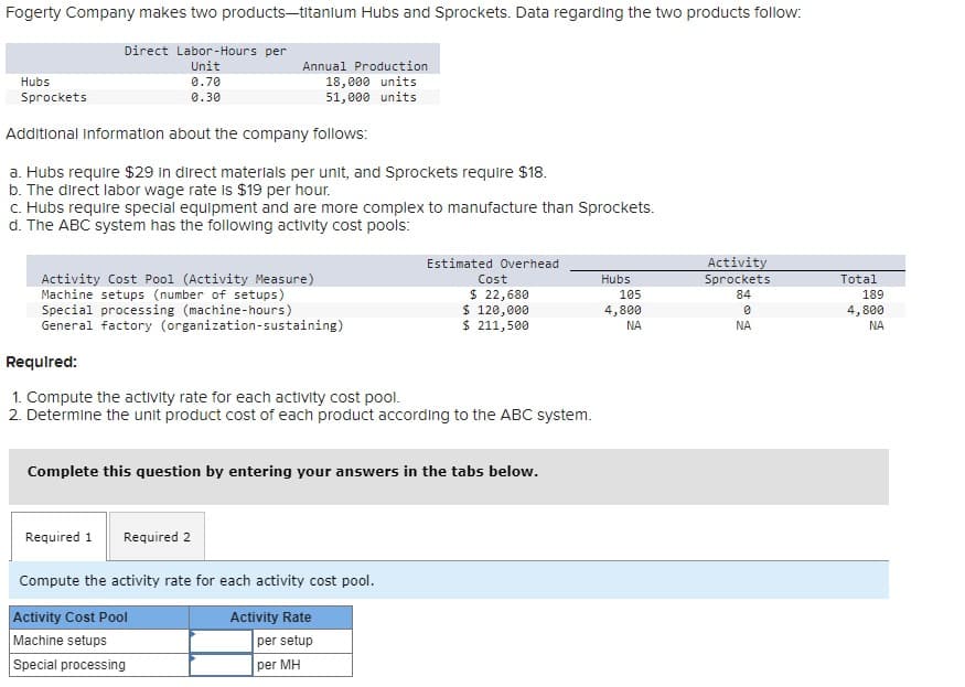 Fogerty Company makes two products-titanium Hubs and Sprockets. Data regarding the two products follow:
Direct Labor-Hours per
Hubs
Sprockets
Unit
0.70
0.30
Annual Production
18,000 units
51,000 units
Additional Information about the company follows:
a. Hubs require $29 in direct materials per unit, and Sprockets require $18.
b. The direct labor wage rate is $19 per hour.
c. Hubs require special equipment and are more complex to manufacture than Sprockets.
d. The ABC system has the following activity cost pools:
Activity Cost Pool (Activity Measure)
Machine setups (number of setups)
Special processing (machine-hours)
General factory (organization-sustaining)
Required:
1. Compute the activity rate for each activity cost pool.
Estimated Overhead
Activity
Cost
$ 22,680
Hubs
105
Sprockets
84
Total
189
4,800
0
ΝΑ
ΝΑ
4,800
ΝΑ
$ 120,000
$ 211,500
2. Determine the unit product cost of each product according to the ABC system.
Complete this question by entering your answers in the tabs below.
Required 1
Required 2
Compute the activity rate for each activity cost pool.
Activity Cost Pool
Machine setups
Special processing
Activity Rate
per setup
per MH