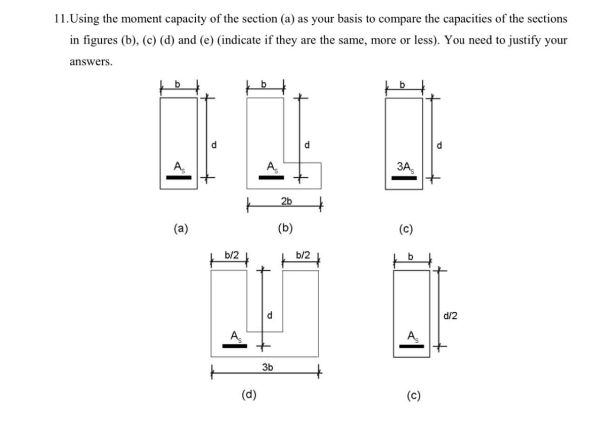 11. Using the moment capacity of the section (a) as your basis to compare the capacities of the sections
in figures (b), (c) (d) and (e) (indicate if they are the same, more or less). You need to justify your
answers.
b
b
3A
(c)
Ⓡ
d
b/2
(d)
+
T
3b
2b
(b)
d
b/2
(c)
d/2
