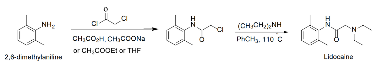 NH2
CI
(CH3CH2)2NH
CH3CO2H, CH3COONA
PҺCH3, 110 С
or CH3COOEt or THF
2,6-dimethylaniline
Lidocaine
IZ
