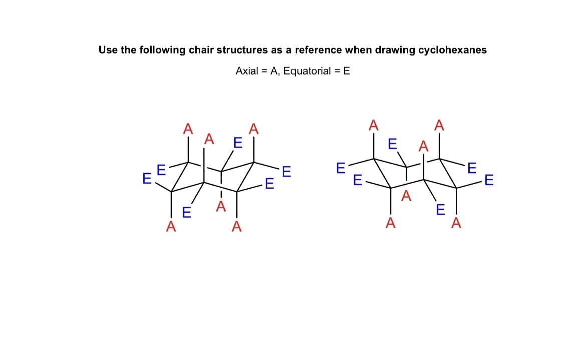 Use the following chair structures as a reference when drawing cyclohexanes
Axial A, Equatorial = E
E
A E
##
A
E
E
E
A
A
E
-E