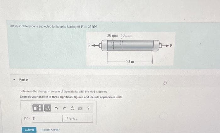 The A-36 steel pipe is subjected to the axial loading of P-25 kN
Y
Part A
SV 0
Determine the change in volume of the material after the load is applied
Express your answer to three significant figures and include appropriate units.
Submit
HÅ 4
Request Answer
C
P
Units
30 mm 40 mm
?
0.5 m-
b
