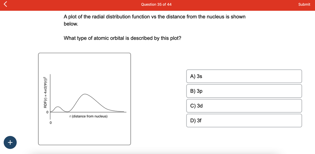 +
RDF(r) = 4лr2((r))²
O
0
Question 35 of 44
A plot of the radial distribution function vs the distance from the nucleus is shown
below.
What type of atomic orbital is described by this plot?
r (distance from nucleus)
A) 3s
B) 3p
C) 3d
D) 3f
Submit