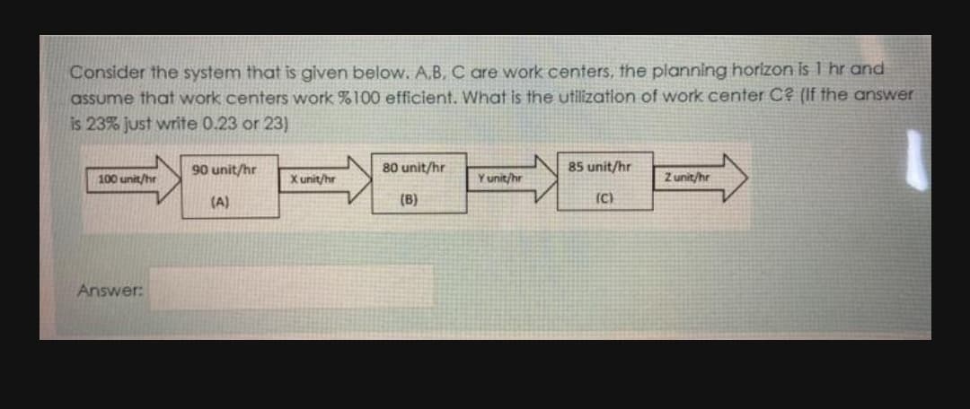 Consider the system that is given below. A,B, C are work centers, the planning horizon is 1 hr and
assume that work centers work %100 efficient. What is the utilization of work center C? (If the answer
is 23% just write 0.23 or 23)
90 unit/hr
80 unit/hr
85 unit/hr
100 unit/hr
Xunit/hr
Y unit/hr
Z unit/hr
(A)
(B)
(C)
Answer:
