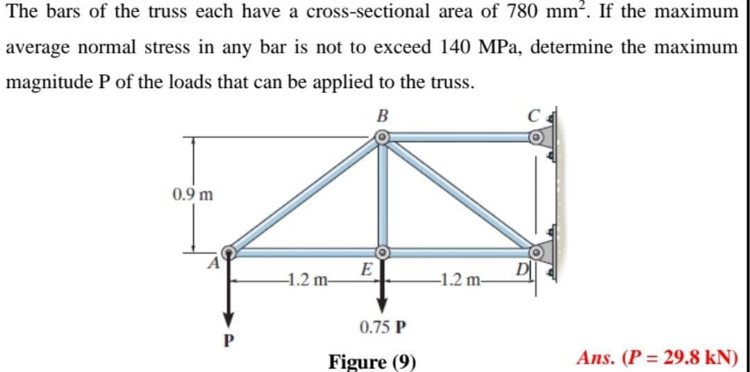 The bars of the truss each have a cross-sectional area of 780 mm2. If the maximum
average normal stress in any bar is not to exceed 140 MPa, determine the maximum
magnitude P of the loads that can be applied to the truss.
B
0.9 m
D
-1.2 m-
E
-1.2 m-
0.75 P
Figure (9)
Ans. (P = 29.8 kN)

