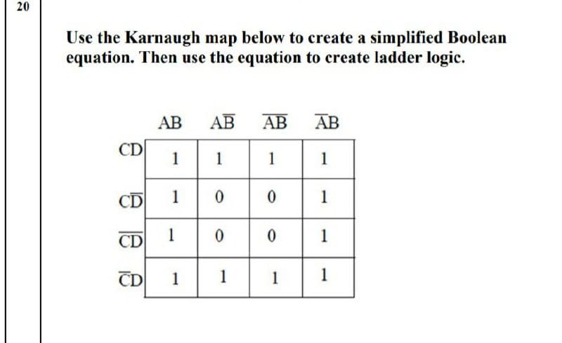 20
Use the Karnaugh map below to create a simplified Boolean
equation. Then use the equation to create ladder logic.
AB
АВ
AB
АВ
CD
1
1
1
1
CD
1
1
CD
1
1
CD
1
1
1
1
