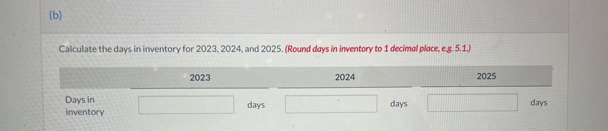 (b)
Calculate the days in inventory for 2023, 2024, and 2025. (Round days in inventory to 1 decimal place, e.g. 5.1.)
Days in
inventory
2023
days
2024
days
2025
days