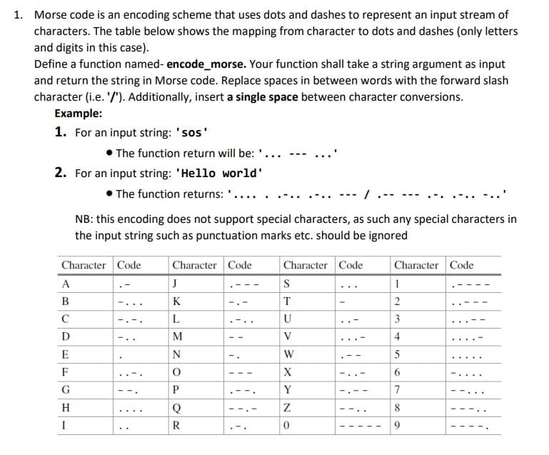 1. Morse code is an encoding scheme that uses dots and dashes to represent an input stream of
characters. The table below shows the mapping from character to dots and dashes (only letters
and digits in this case).
Define a function named- encode_morse. Your function shall take a string argument as input
and return the string in Morse code. Replace spaces in between words with the forward slash
character (i.e. '/'). Additionally, insert a single space between character conversions.
Example:
1. For an input string: 'sos'
The function return will be:
2. For an input string: 'Hello world'
• The function returns: '....
I
NB: this encoding does not support special characters, as such any special characters in
the input string such as punctuation marks etc. should be ignored
Character Code
Character Code
A
B
C
D
E
F
G
H
Character Code
J
K
L
M
N
O
P
Q
R
...
-
/
S
T
U
V
W
X
Y
Z
0
!
Character Code
1
2
3
4
5
6
7
8
9
..