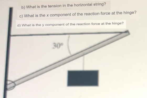 b) What is the tension in the horizontal string?
c) What is the x component of the reaction force at the hinge?
d) What is the y component of the reaction force at the hinge?
30°