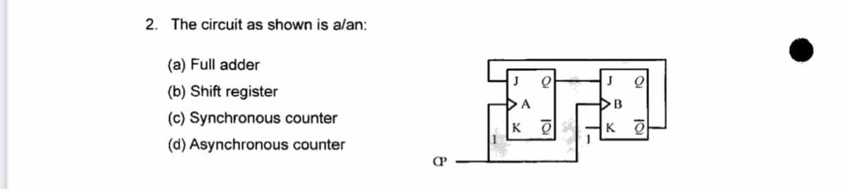 2. The circuit as shown is alan:
(a) Full adder
J
J
(b) Shift register
(c) Synchronous counter
K
K
(d) Asynchronous counter
