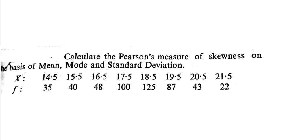 Calculate the Pearson's measure of skewness on
he basis of Mean, Mode and Standard Deviation.
14:5 15:5 16:5 17.5 18.5 19:5 20-5 21.5
X :
f :
35
40
48
100
125
87
43
22
