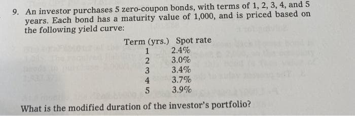 9. An investor purchases 5 zero-coupon bonds, with terms of 1, 2, 3, 4, and 5
years. Each bond has a maturity value of 1,000, and is priced based on
the following yield curve:
Term (yrs.) Spot rate
2.4%
1
3.0%
3.4%
4
3.7%
5
3.9%
What is the modified duration of the investor's portfolio?
2
3