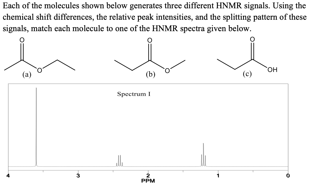 Each of the molecules shown below generates three different HNMR signals. Using the
chemical shift differences, the relative peak intensities, and the splitting pattern of these
signals, match each molecule to one of the HNMR spectra given below.
HO,
(a)
(b)
(c)
Spectrum I
3
2
PPM
