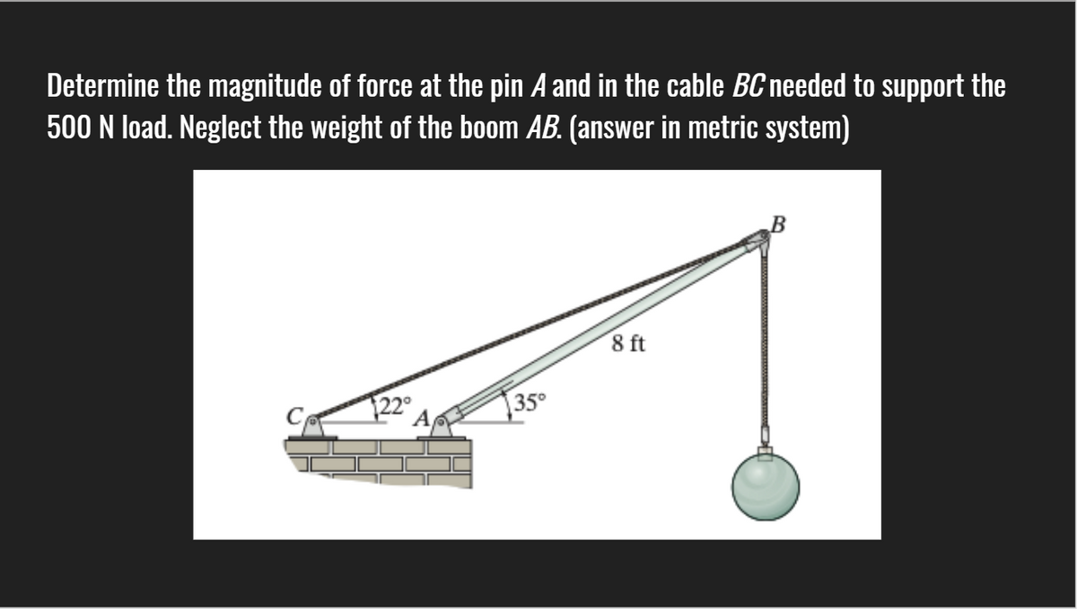 Determine the magnitude of force at the pin A and in the cable BC needed to support the
500 N load. Neglect the weight of the boom AB. (answer in metric system)
8 ft
Ce
122°
35°
