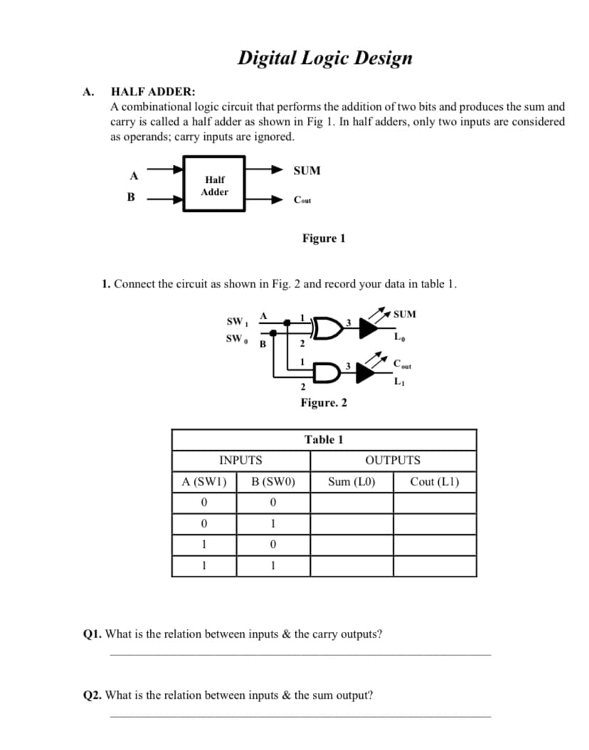 A.
Digital Logic Design
HALF ADDER:
A combinational logic circuit that performs the addition of two bits and produces the sum and
carry is called a half adder as shown in Fig 1. In half adders, only two inputs are considered
as operands; carry inputs are ignored.
A
B
Half
Adder
A (SWI)
0
0
1
1
1. Connect the circuit as shown in Fig. 2 and record your data in table 1.
SW 1
SWo
A
B
INPUTS
SUM
Cout
Figure 1
B (SWO)
0
1
0
1
D
Figure. 2
Table 1
Sum (LO)
OUTPUTS
Q1. What is the relation between inputs & the carry outputs?
SUM
Q2. What is the relation between inputs & the sum output?
Cout
L₁
Cout (L1)