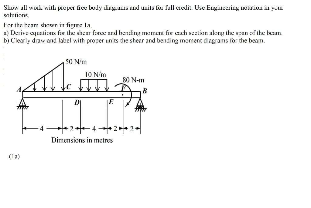 Show all work with proper free body diagrams and units for full credit. Use Engineering notation in your
solutions.
For the beam shown in figure la,
a) Derive equations for the shear force and bending moment for each section along the span of the beam.
b) Clearly draw and label with proper units the shear and bending moment diagrams for the beam.
ܤܝܠܐ
(la)
50 N/m
D
10N/m
E
80 N-m
2=422
Dimensions in metres
B
