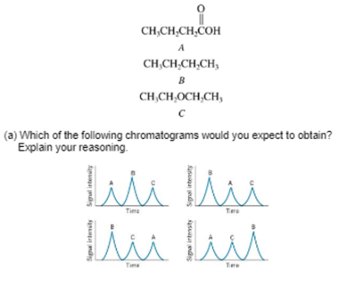 CH,CH,CH,COH
A
CH,CH,CH,CH,
B
CH,CH,OCH,CH,
с
(a) Which of the following chromatograms would you expect to obtain?
Explain your reasoning.
Tima
Tere
M入
Time
Tre

