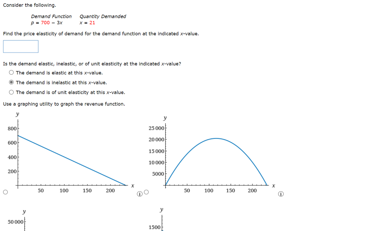 Consider the following.
Demand Function Quantity Demanded
p = 700 3x
X = 21
Find the price elasticity of demand for the demand function at the indicated x-value.
Is the demand elastic, inelastic, or of unit elasticity at the indicated x-value?
O The demand is elastic at this x-value.
O The demand is inelastic at this x-value.
O The demand is of unit elasticity at this x-value.
Use a graphing utility to graph the revenue function.
800
600
400
200
y
50 000
50
100
150
200
X
y
25 000
20 000
15 000
10 000
5000
y
1500
50
100
150
200
X