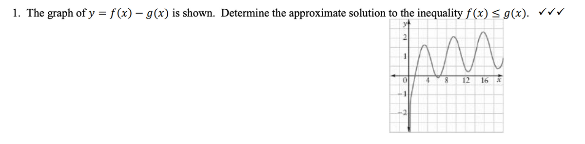 1. The graph of y = f(x) − g(x) is shown. Determine the approximate solution to the inequality f(x) ≤ g(x). √√√
2
1
M
12 16 x
0
4
8
1
2